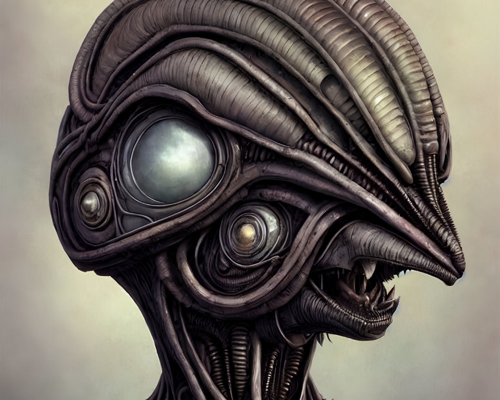 Detailed illustration of alien with layered skin and large eyes