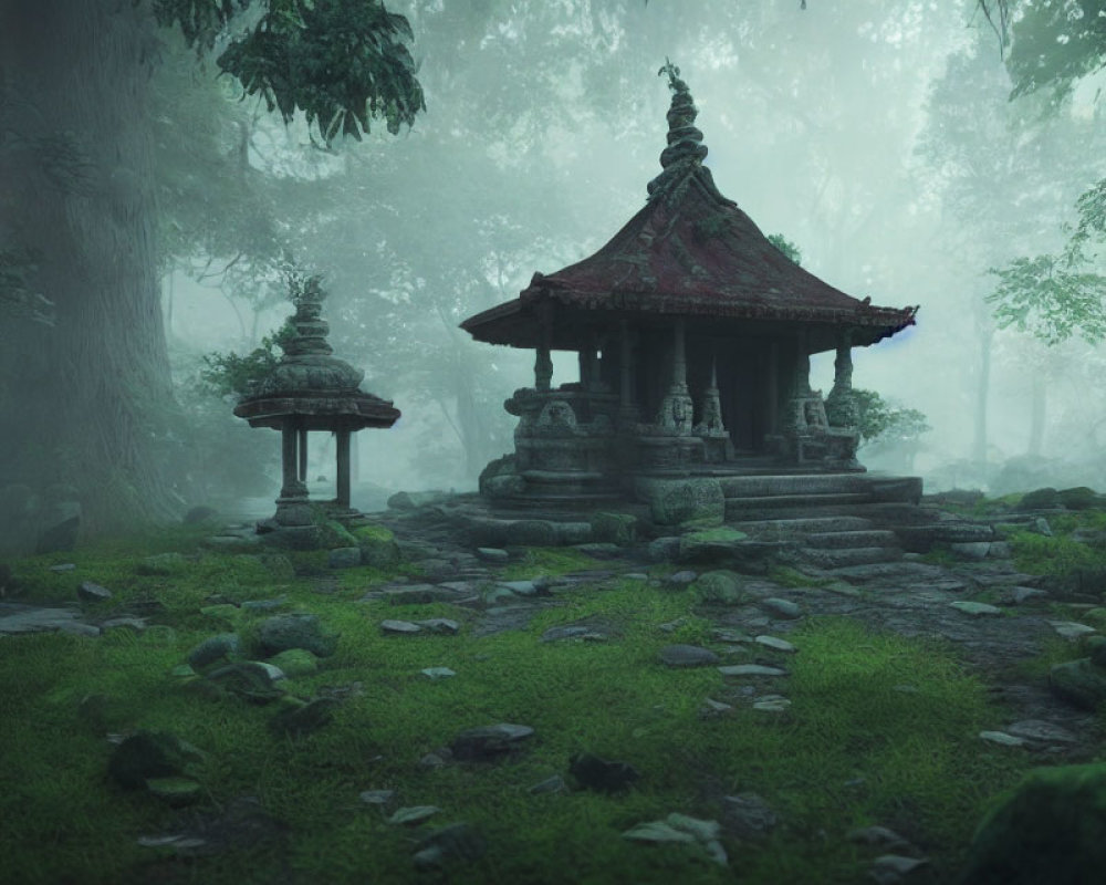 Ancient Stone Temple in Misty Forest Clearing