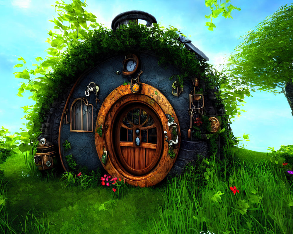 Whimsical round wooden door with intricate metalwork in lush green hillside