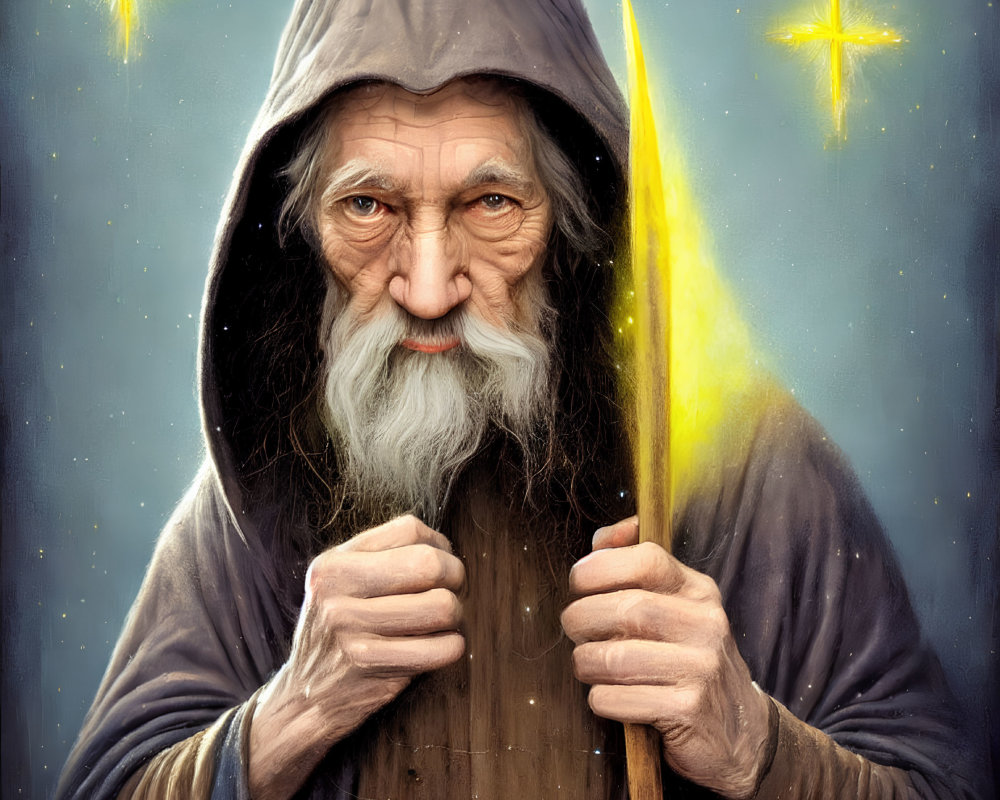 Elderly wizard in grey robe with glowing staff and stars background