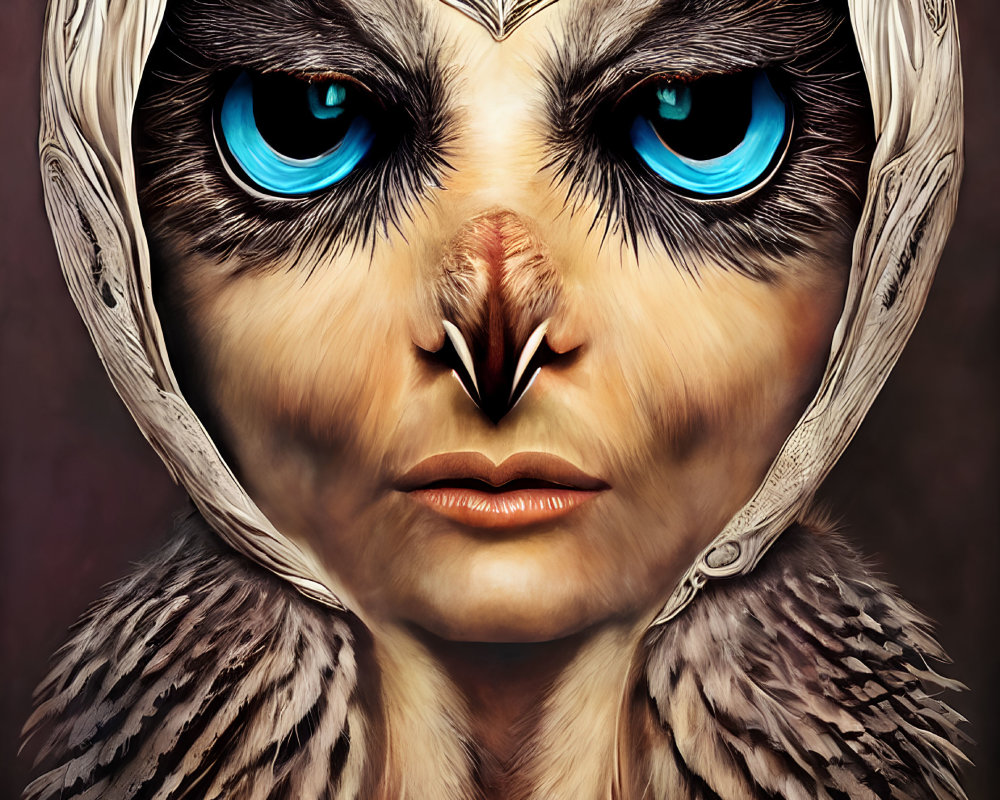 Surreal portrait with human and owl features, blue eyes, and feathered textures