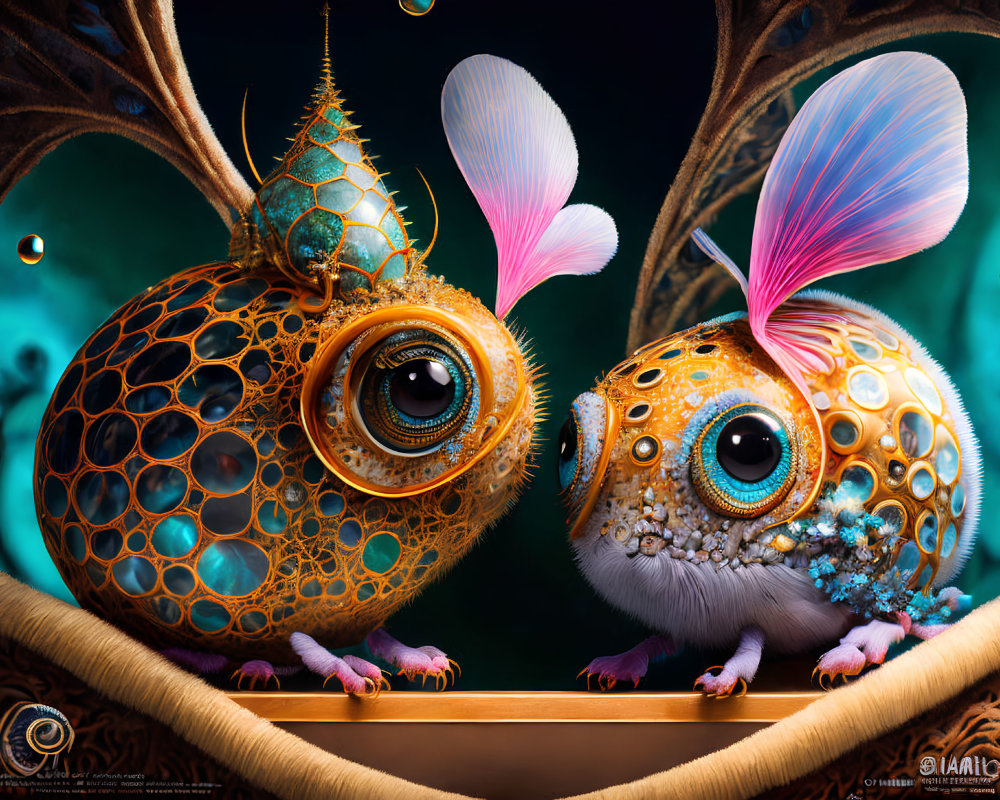 Whimsical fantasy creatures with expressive eyes in surreal setting