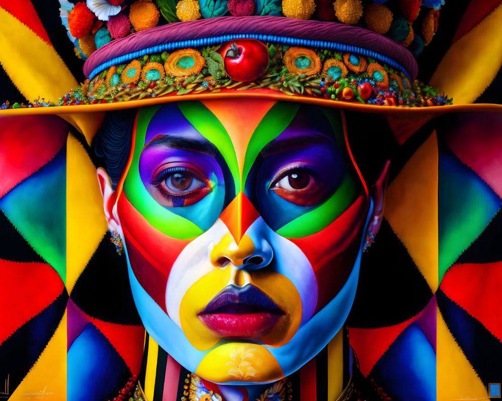 Colorful close-up portrait of person with painted face and fruit hat