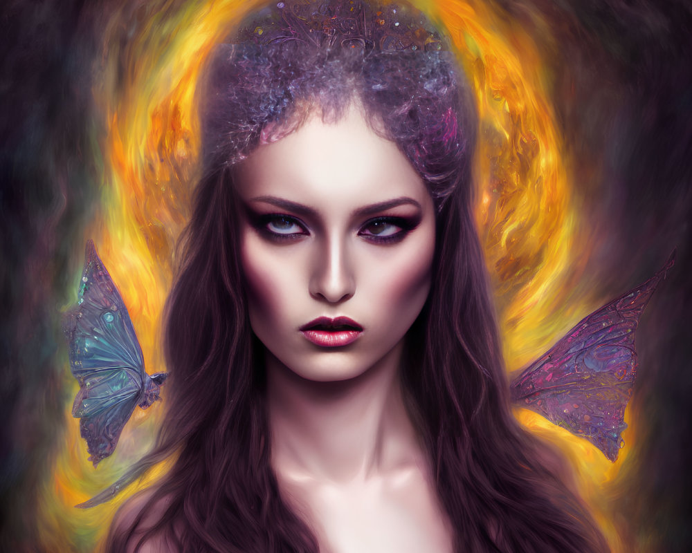 Digital portrait of a woman with butterfly wings for ears and intense eyes on fiery abstract background