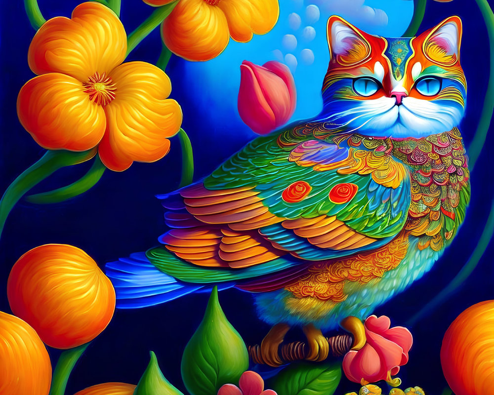 Colorful whimsical cat with bird-like feathers among flowers on blue background