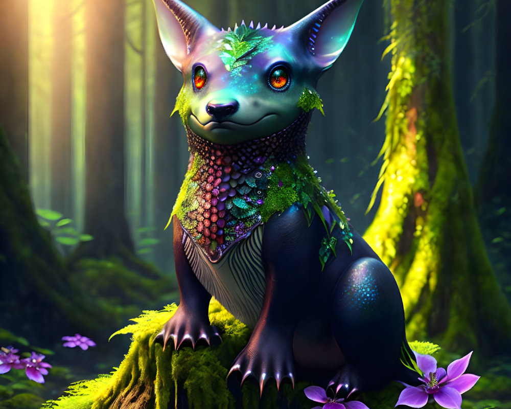 Enchanted forest scene with mystical creature and vibrant flora