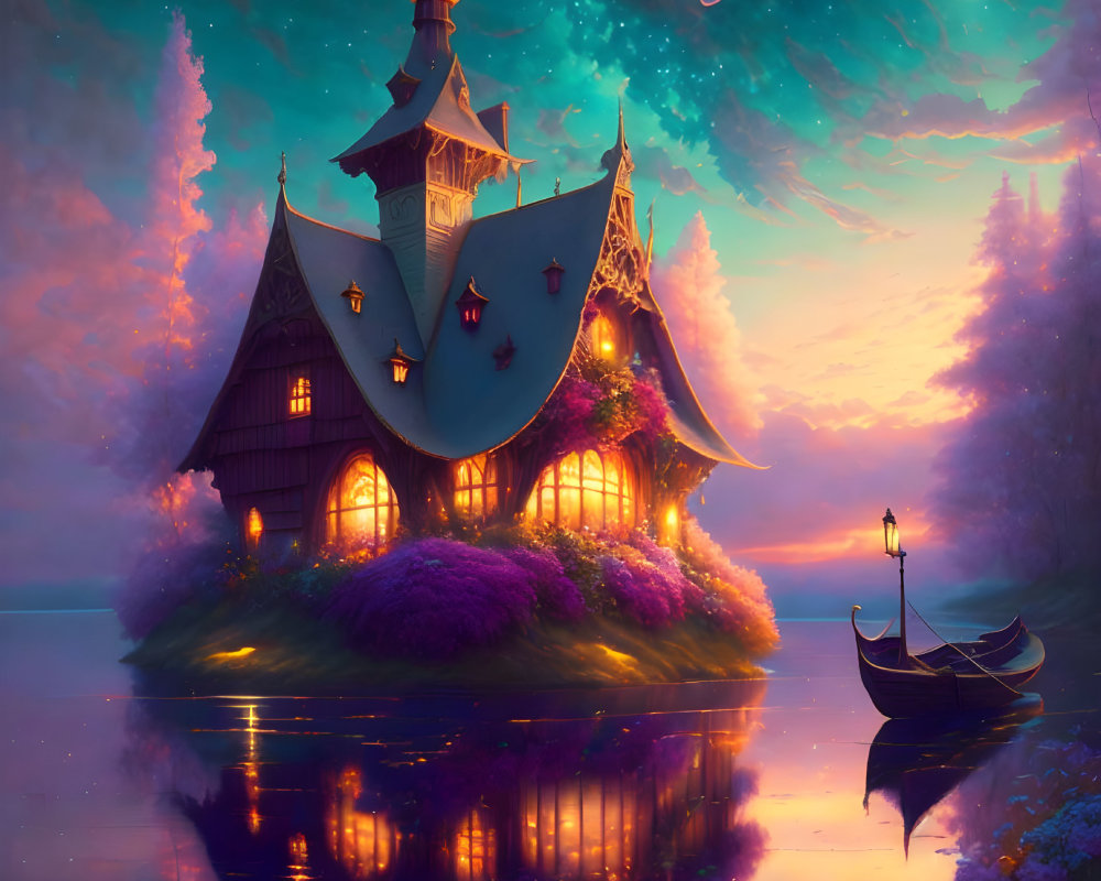 Enchanting twilight scene with cottage by calm lake and glowing moon