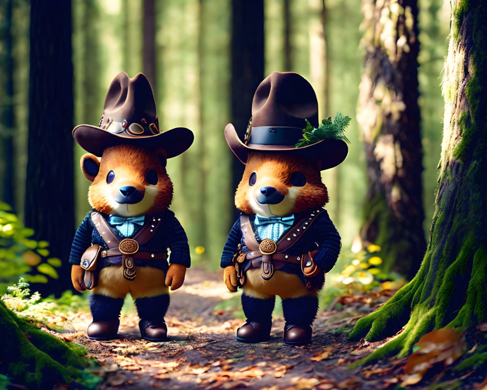 Cowboy-themed teddy bears on forest path with sunlight filtering through trees