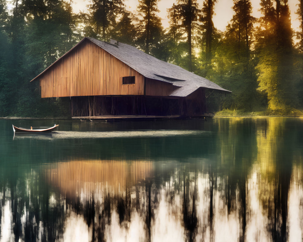 Tranquil lakeside scene with boathouse, trees, and rowboat at dusk