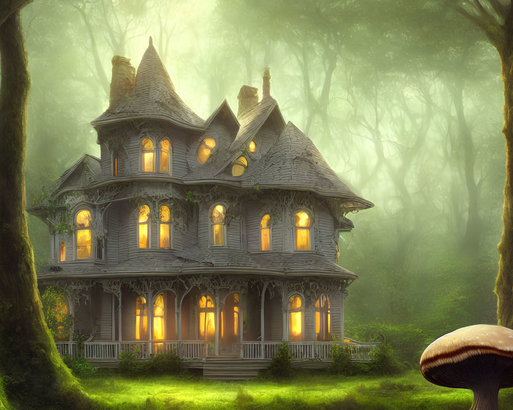 Victorian-style house in mystical forest with warm light and large mushroom