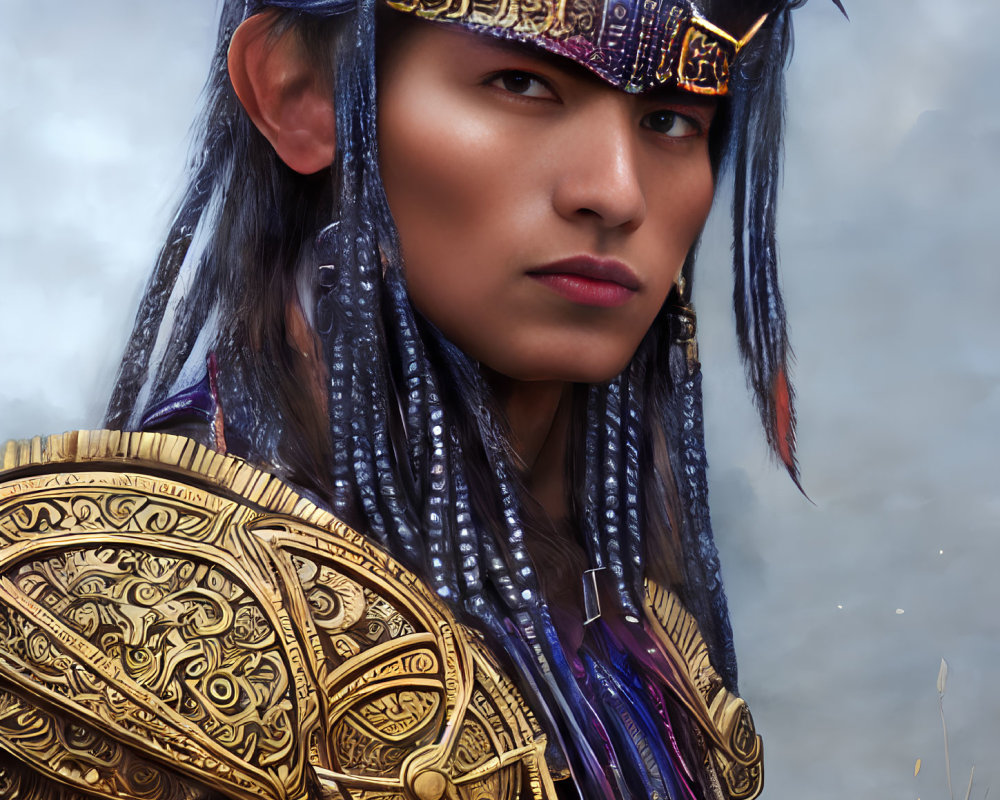 Male warrior digital artwork: blue braided hair, gold armor, feline headband, cloudy sky