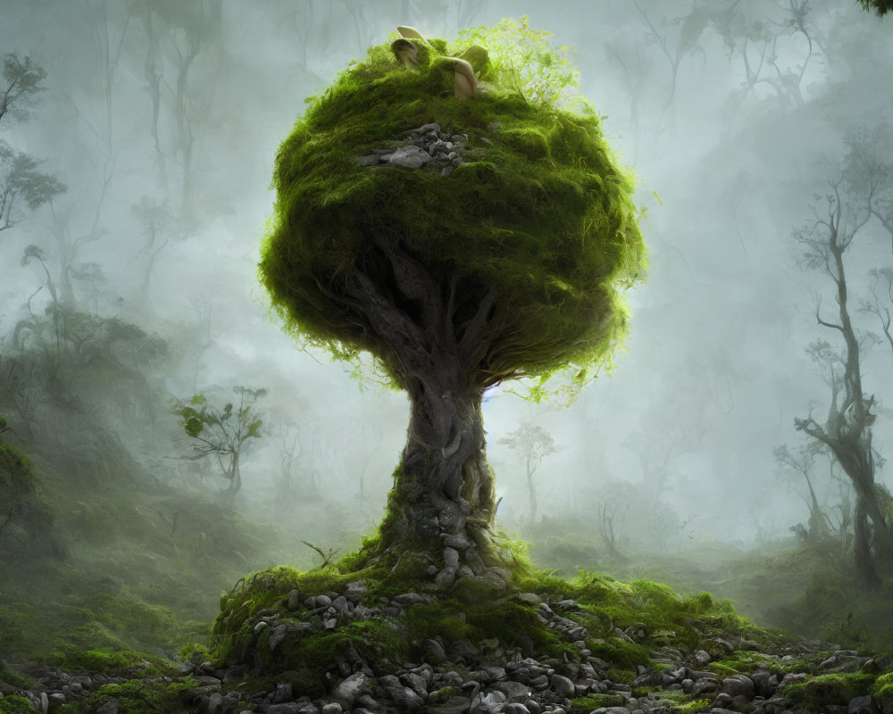 Mystical tree with moss-covered canopy in foggy forest