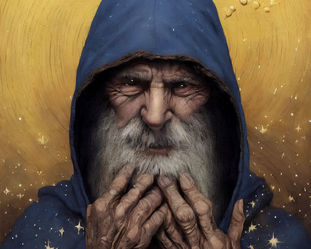 Elderly bearded man in blue star-patterned hood against golden starry backdrop