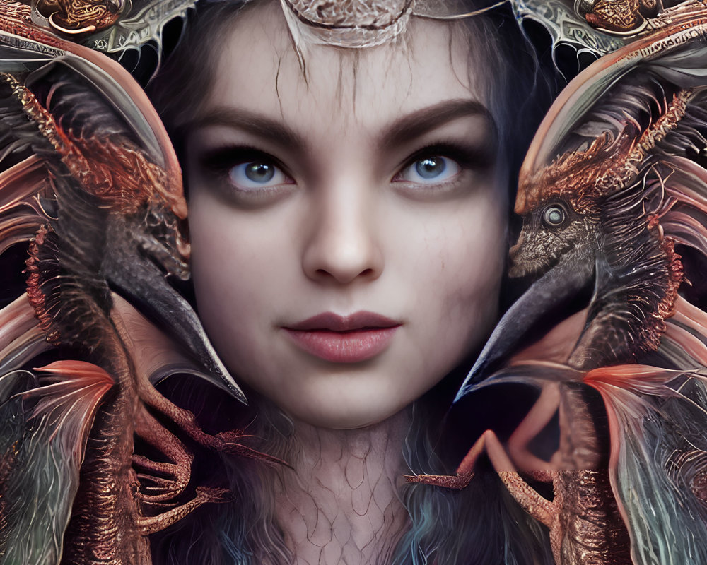 Intricate dragon-themed headdress on captivating woman artwork