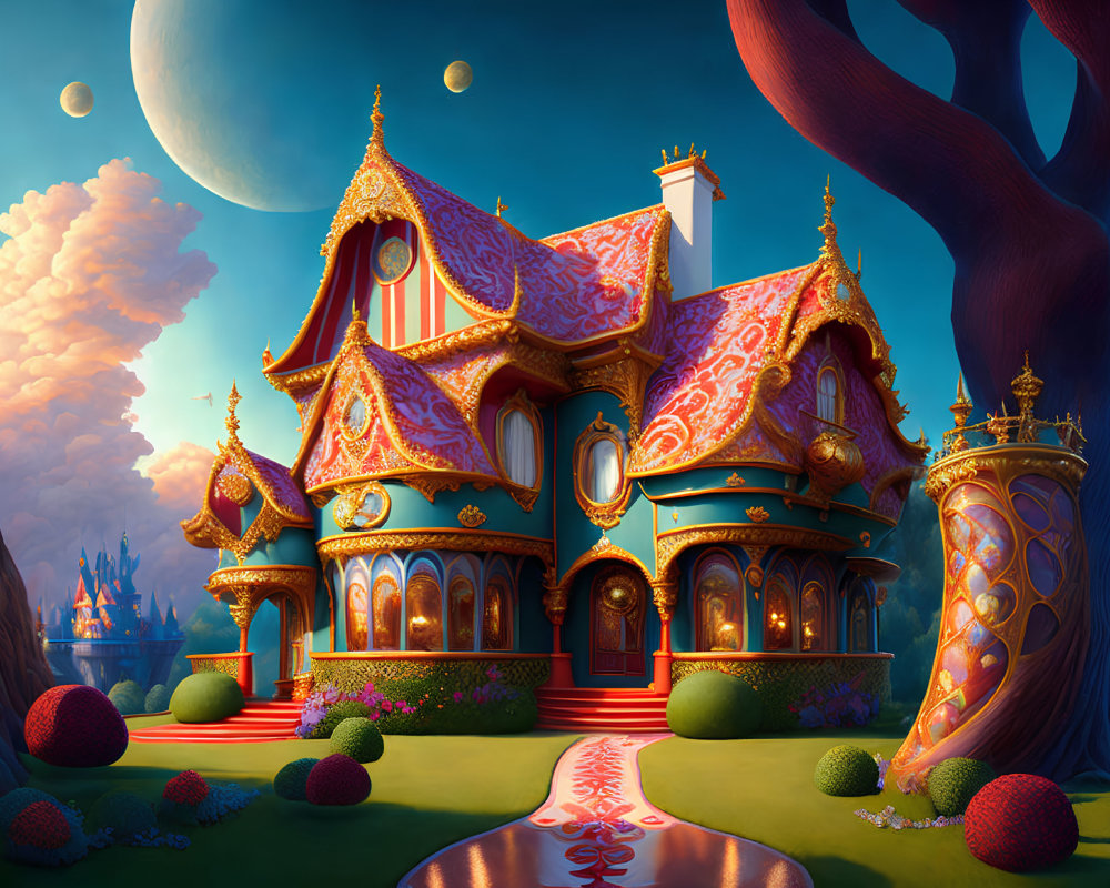 Colorful Fantasy House with Two Moons and Fairy-Tale Castle View