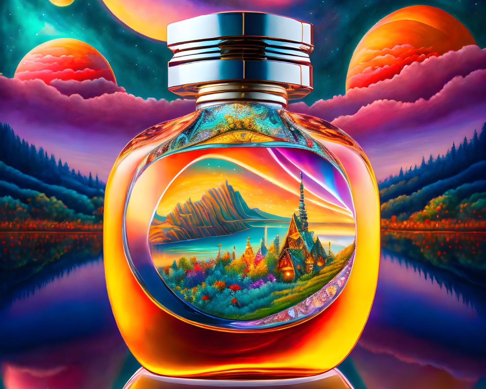 Translucent perfume bottle with surreal landscape and cosmic background