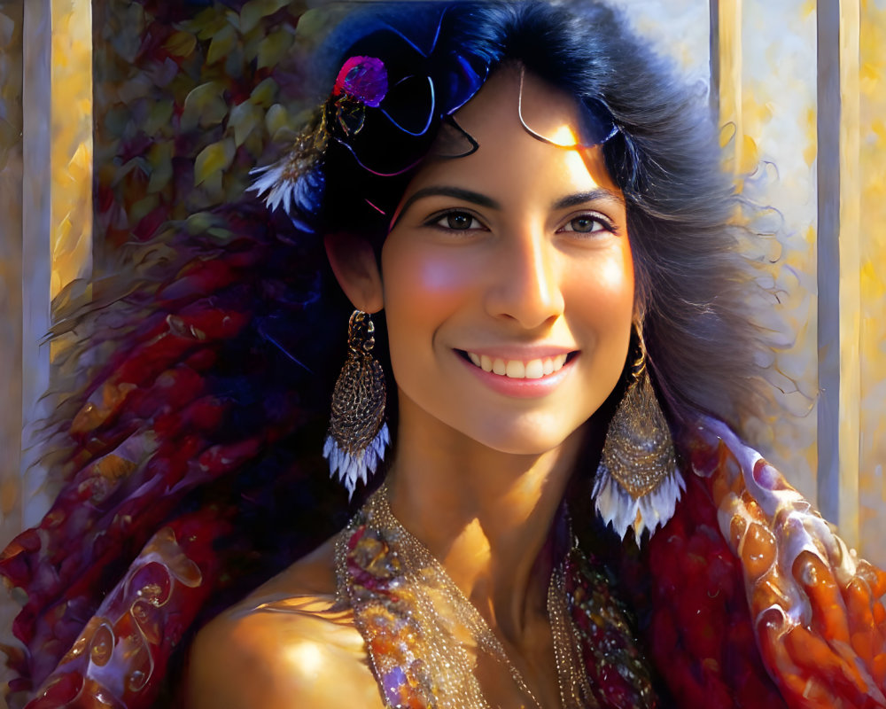 Smiling woman with decorative headpiece and vibrant colors