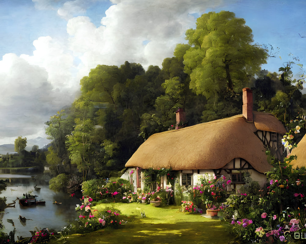 Tranquil landscape: Thatched-roof cottage, lush greenery, river view