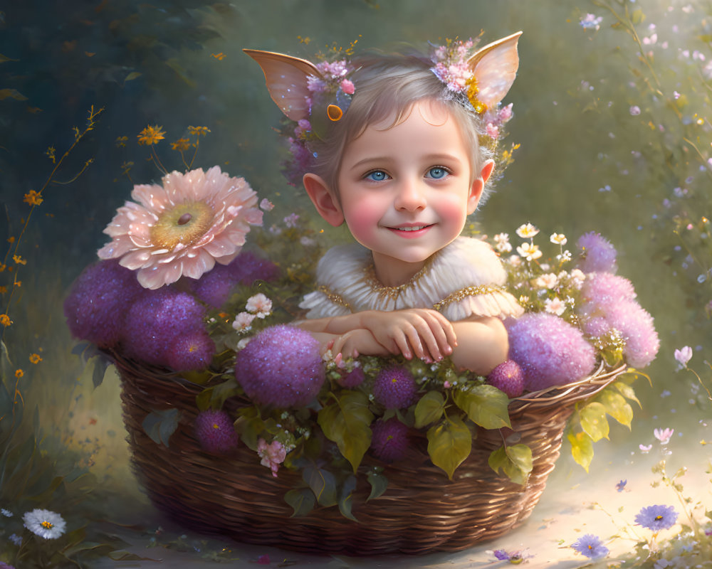 Smiling child with fairy ears in floral crown among purple flowers