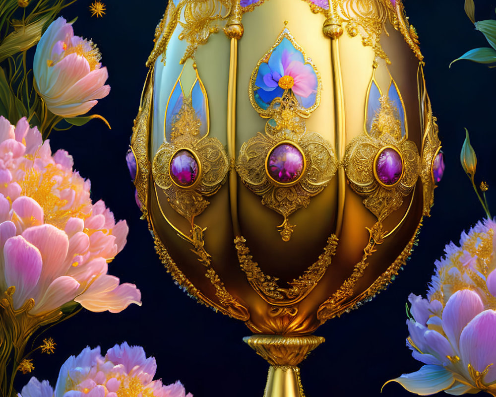 Intricate Golden Egg with Jewels and Pink Flowers on Dark Background