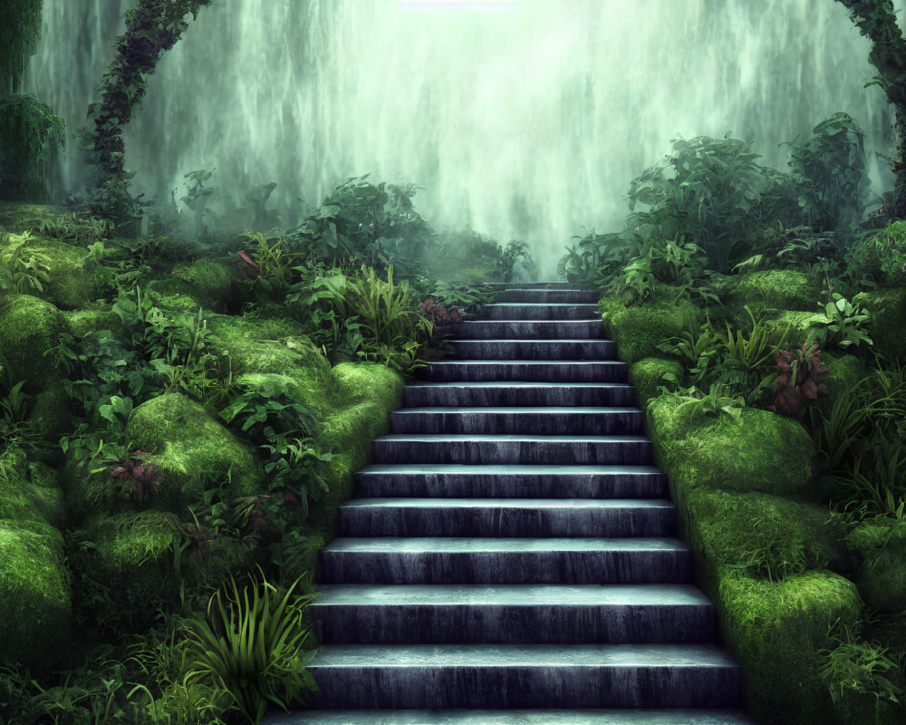 Mossy forest stone steps lead to misty waterfall