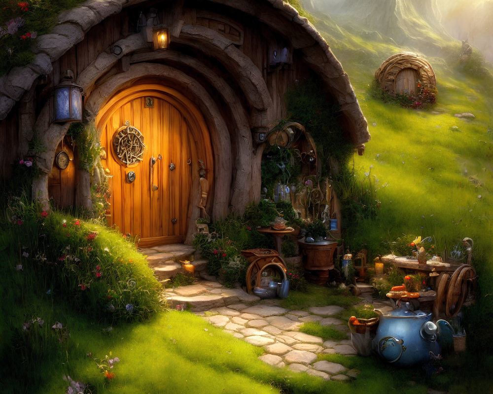 Whimsical hobbit house with round door in lush green hill