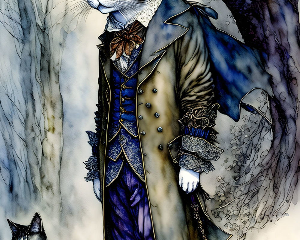 Anthropomorphic cats in regal vintage attire in forest setting