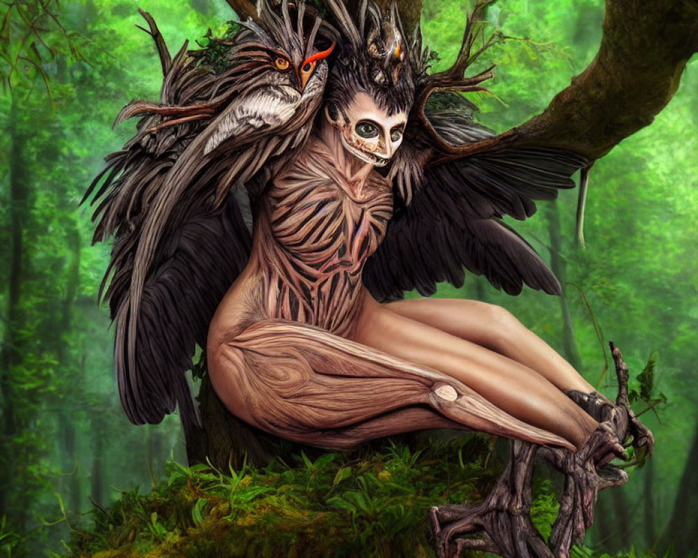 Fantasy humanoid creature with bird-like features in lush forest setting