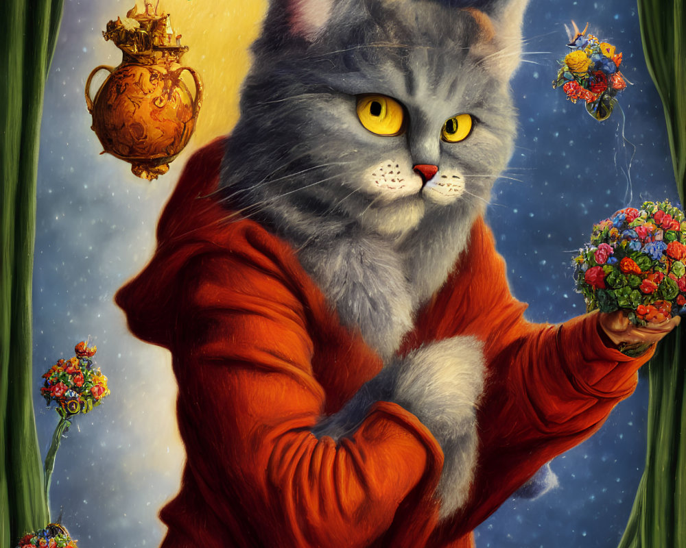 Whimsical gray cat in red robe with floating bats, hearts, and flowers on starry backdrop