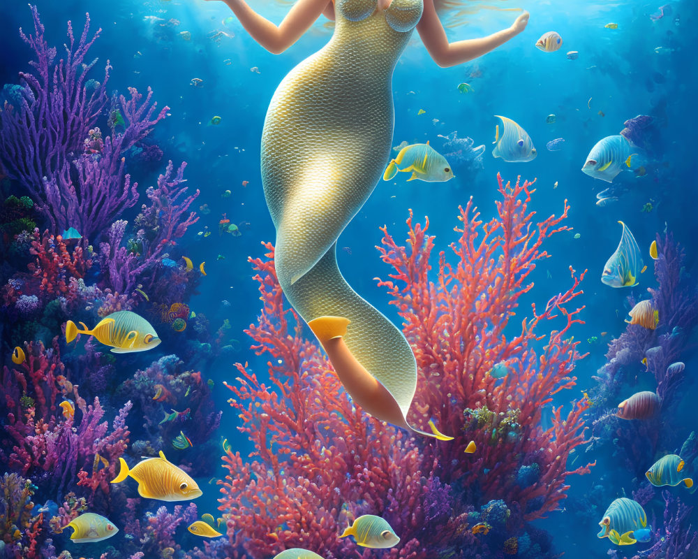 Mermaid with Long Flowing Hair Swimming Near Vibrant Coral Reefs