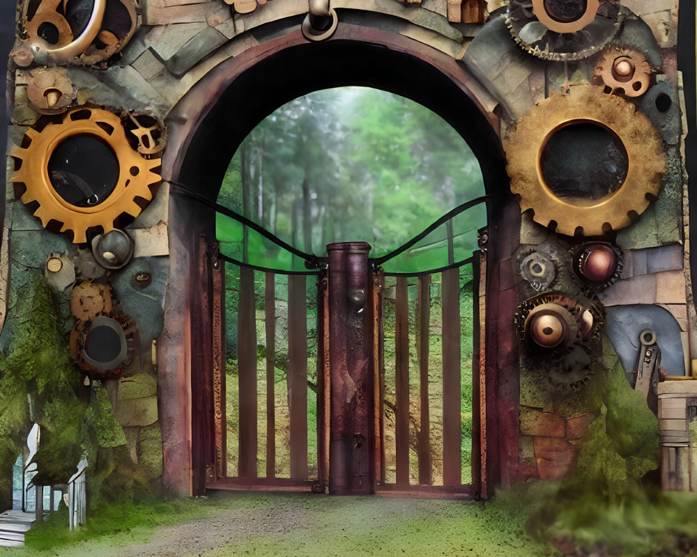 Steampunk-style gate with rustic gears in stone archway opening to forest landscape