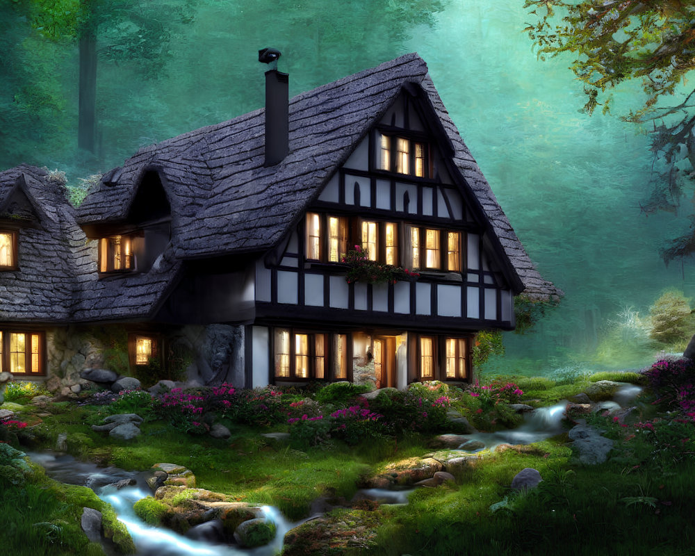 Enchanted forest cottage with babbling brook & lush greenery