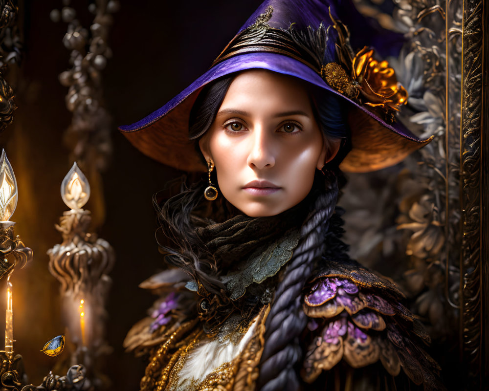 Woman in Plumed Purple Hat and Renaissance-Inspired Dress Surrounded by Candles