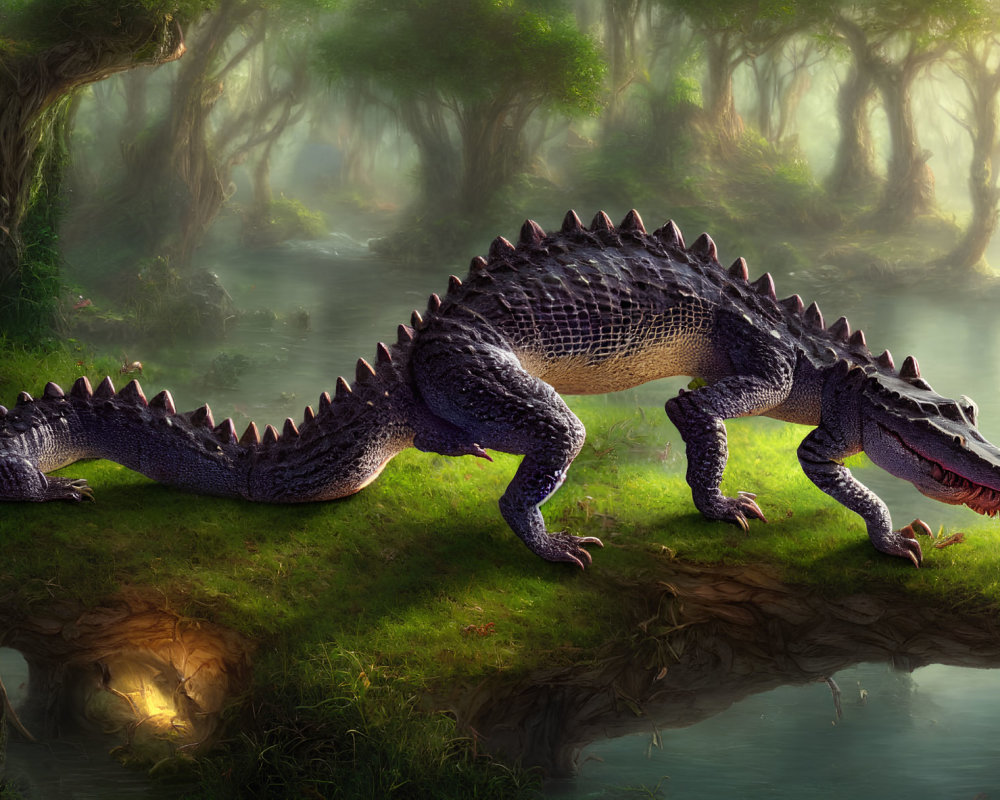 Detailed Crocodile Illustration in Lush Riverside Setting