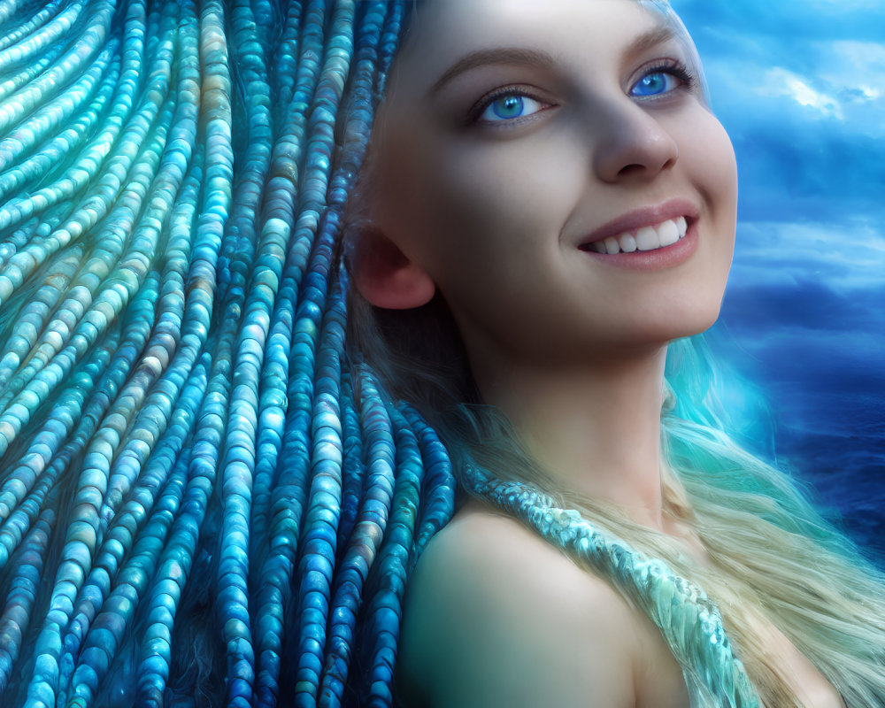 Blue-eyed woman with intricate braided blue hair in serene ocean setting