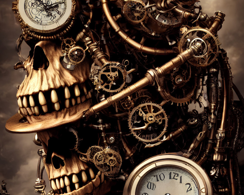 Steampunk-themed composition with skull, cogs, gears, clocks, and mechanical elements in vintage