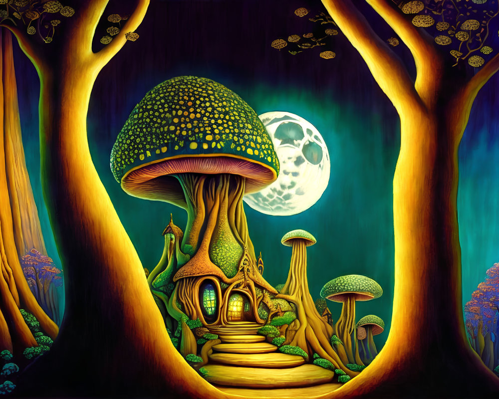 Enchanting fantasy forest with glowing mushroom house, full moon, and starry sky