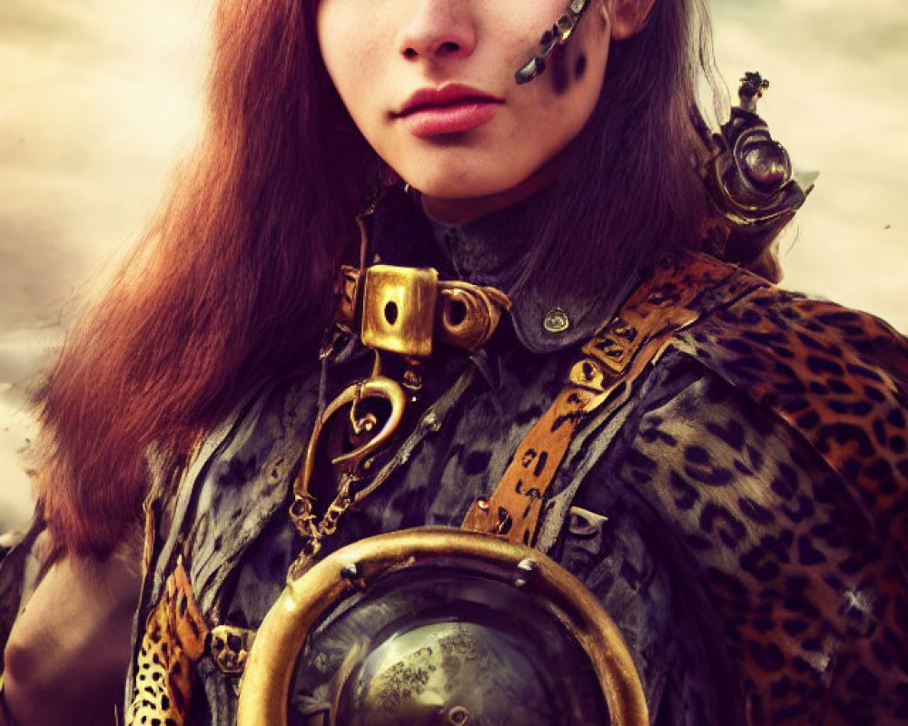 Steampunk-themed woman in leopard print outfit with brass accessories under cloudy sky