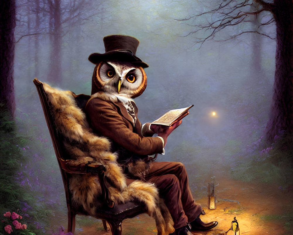 Anthropomorphic owl reading book in formal attire in misty forest.