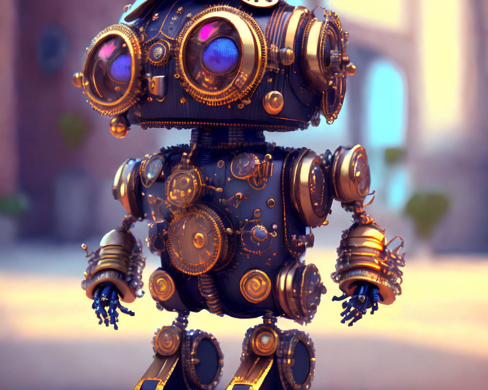 Intricate steampunk-style robot with purple eyes against architectural backdrop