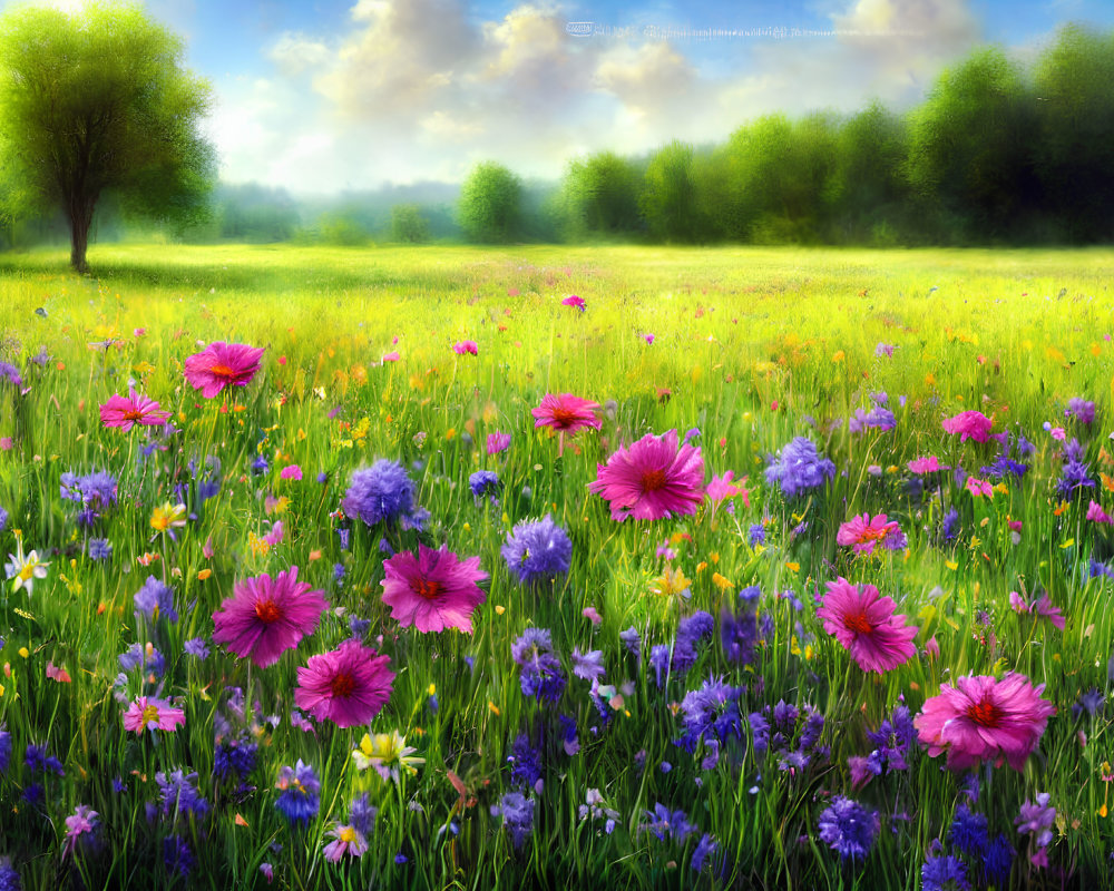 Colorful Flower Meadow with Tree and Clear Sky