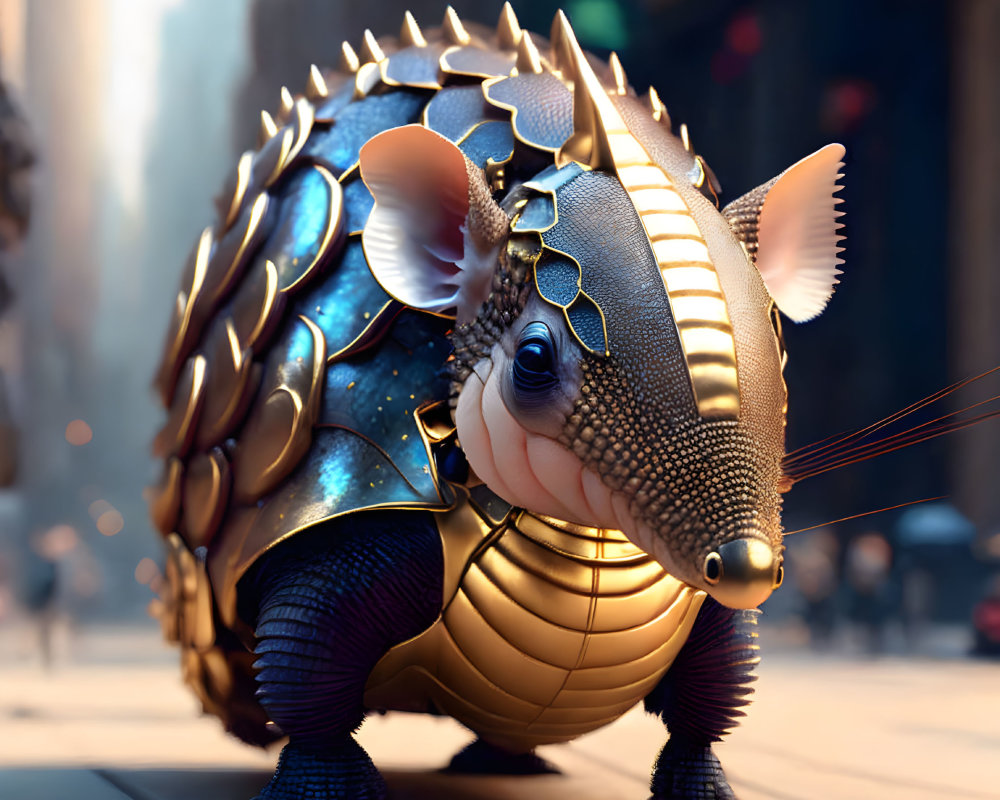 Armored armadillo with mechanical parts in urban setting.