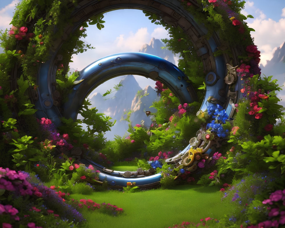 Fantastical landscape with circular mechanical arch and mountain views