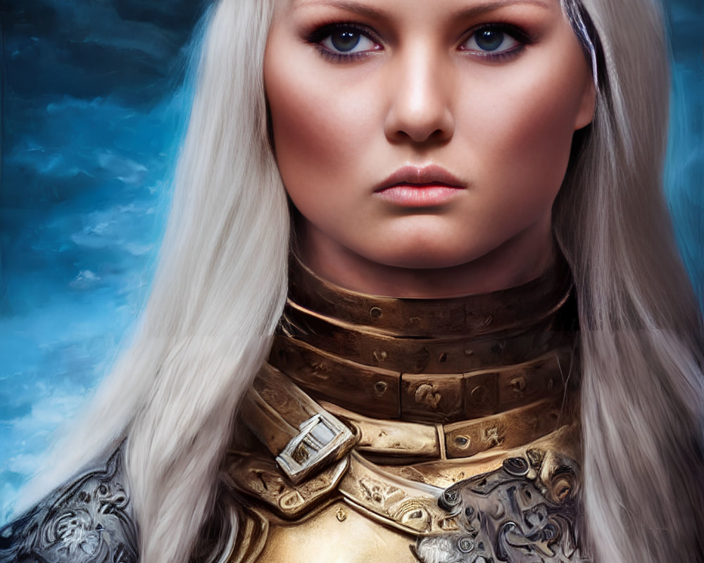 Woman with piercing blue eyes, white hair, metal crown, and medieval armor