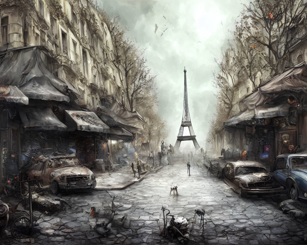 Dystopian Paris scene with Eiffel Tower, dilapidated cars, debris