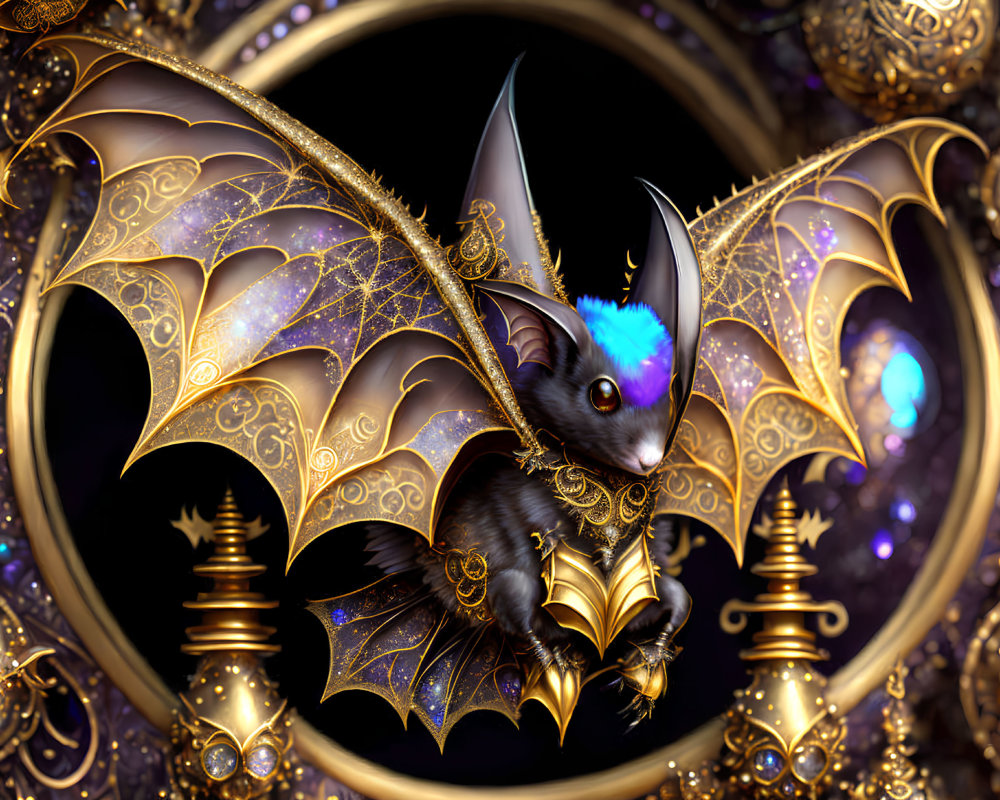 Golden-winged bat with blue fur in ornate setting