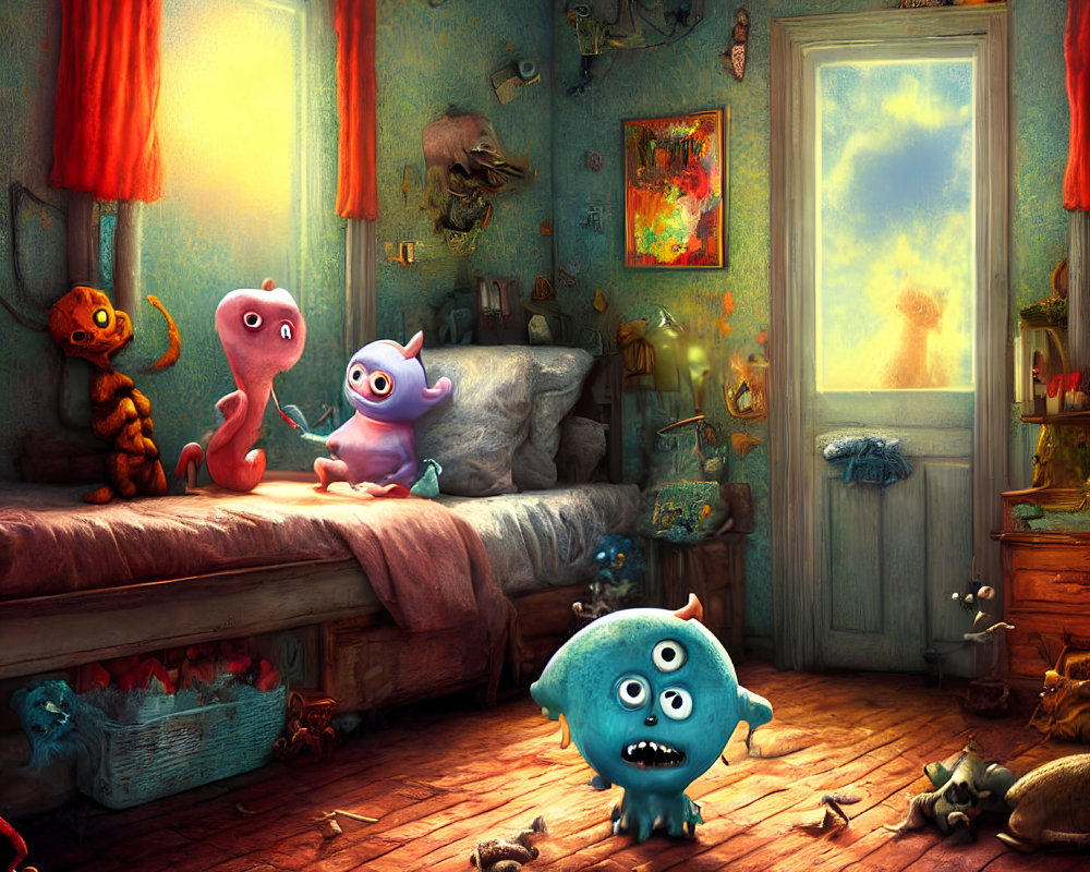 Colorful Cartoon-Like Creatures Playing in Whimsical Room