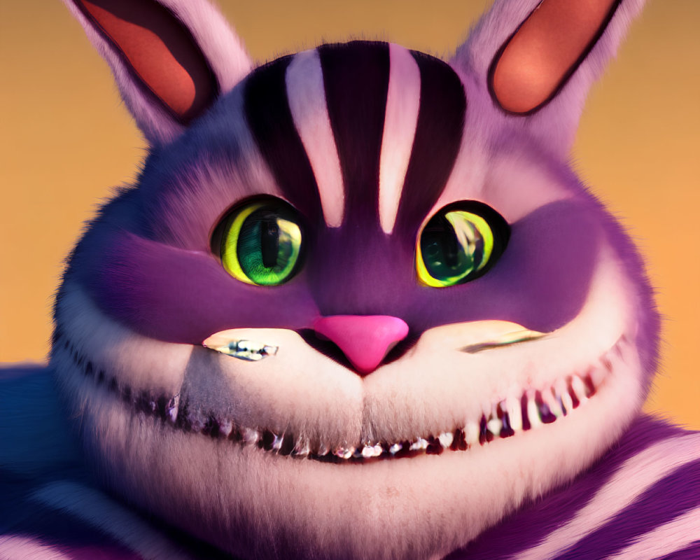 Fantastical purple and white striped cat-like creature with intense green eyes and sharp teeth