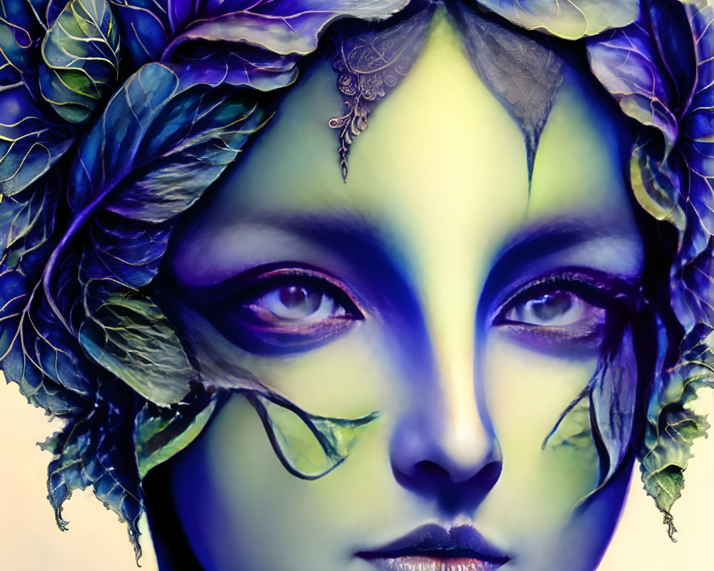 Illustrated female figure with purple skin and leaf hair in fantasy art