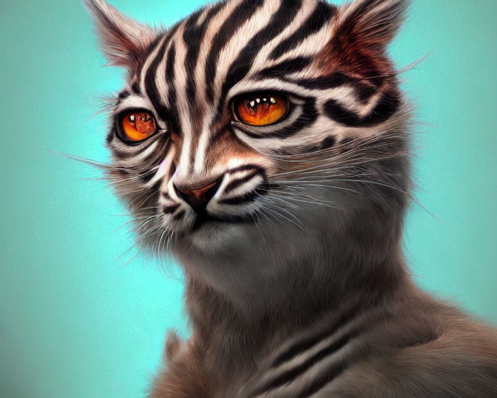 Digital artwork of a fantastical cat-headed creature with intense orange eyes and white tiger stripes.